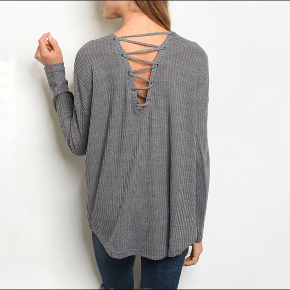 Oversized Soft Waffle Weave Grey Long Sleeve Tee